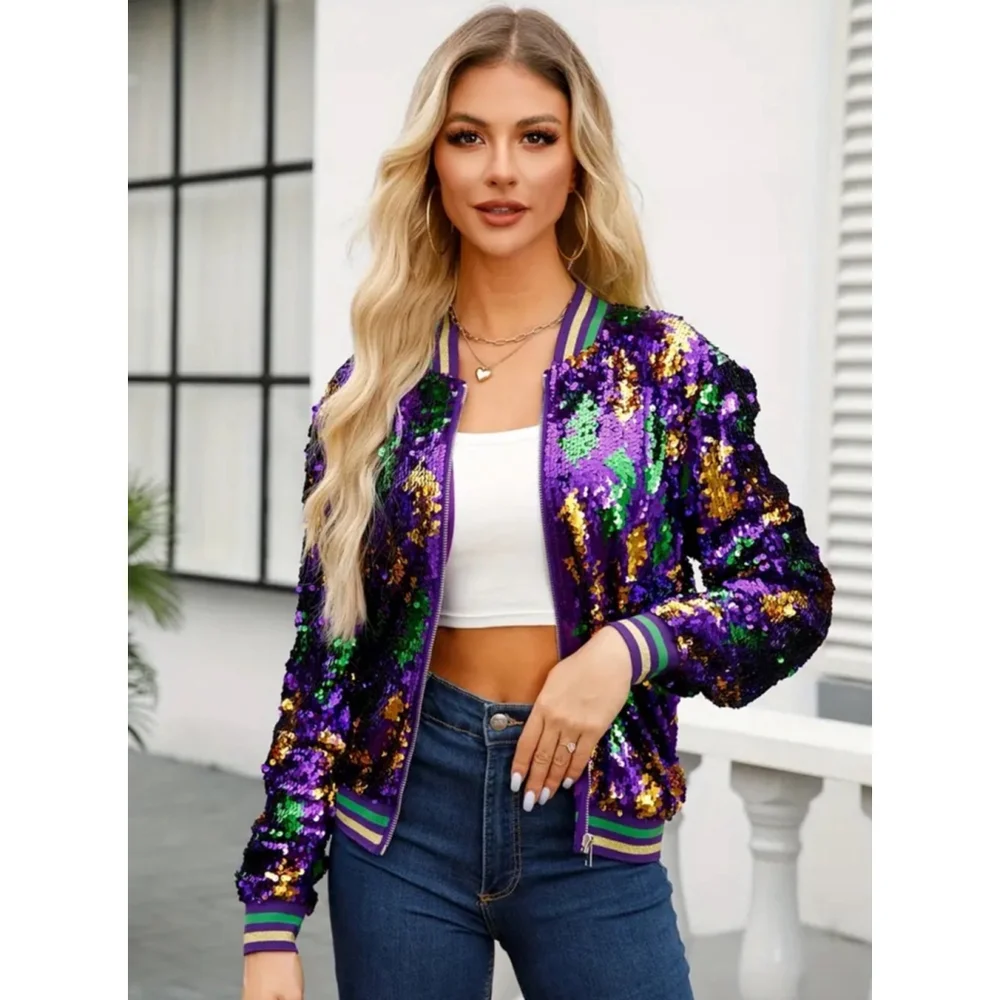 Mardi Gras Purple, Green and Gold Sequins Zip Up Jacket - Picture 1 of 7